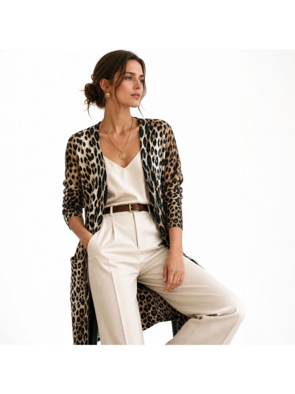 Ellison Long Lightweight Knit Leopard Print Open Cardigan Sweater M Office Money